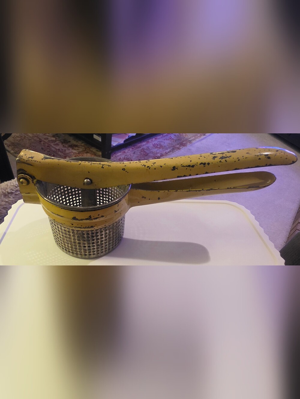 Vintage Metal Potato Ricer Press Masher with a Perforated Basket Yellow Handle